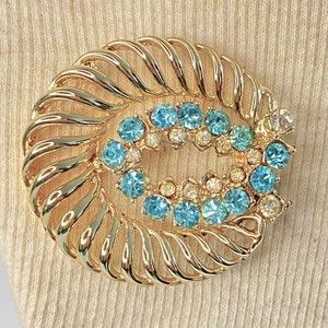 Large Open Work Brooch Aqua Blue Rhinestones Gold Tone Abstract